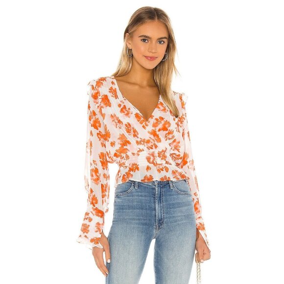MISA Nina White Orange Floral Print Chiffon Surplice Smocked Blouse, Size S - Picture 1 of 15
